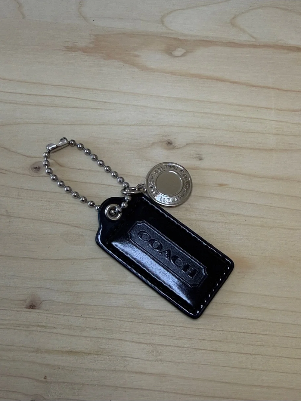 Coach Black Patent Leather Tag Keychain with Silver-Tone Charm